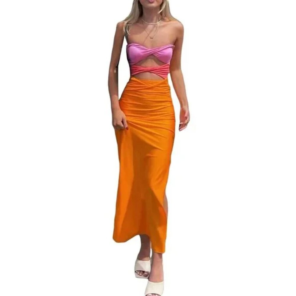 Cut Out Strapless Backless Summer Dress Multicolor S
